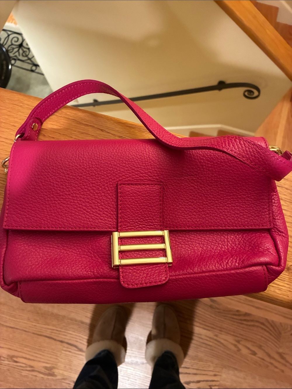 Bright Pink Pebbled Leather Shoulder Bag with Gold Hardware